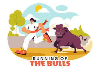 Running of the Bulls Vector Illustration featuring a Bullfighting Competition and Bulls Chasing in an Arena with a Flat Style Cartoon Background