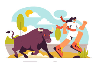 Running of the Bulls Vector Illustration featuring a Bullfighting Competition and Bulls Chasing in an Arena with a Flat Style Cartoon Background