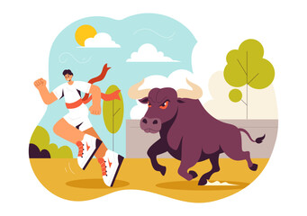 Running of the Bulls Vector Illustration featuring a Bullfighting Competition and Bulls Chasing in an Arena with a Flat Style Cartoon Background