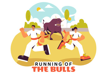 Running of the Bulls Vector Illustration featuring a Bullfighting Competition and Bulls Chasing in an Arena with a Flat Style Cartoon Background