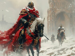 Medieval Knight on Horseback in Snowy Landscape