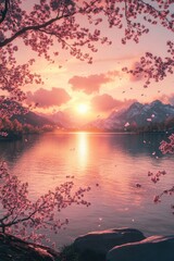 Sunset over blooming trees by the water