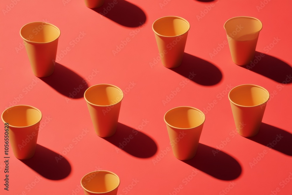 Aufkleber vibrant yellow cups on red background with repetitive pattern and depth