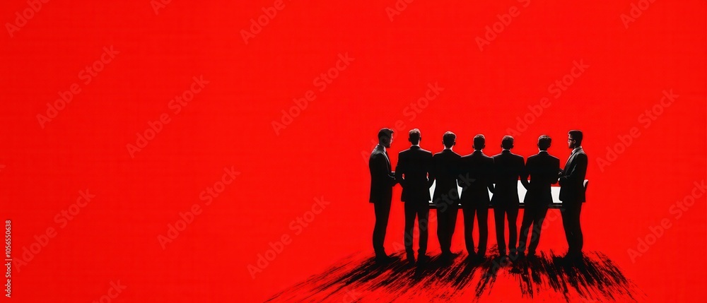 Wall mural silhouette of businessmen in a red background.