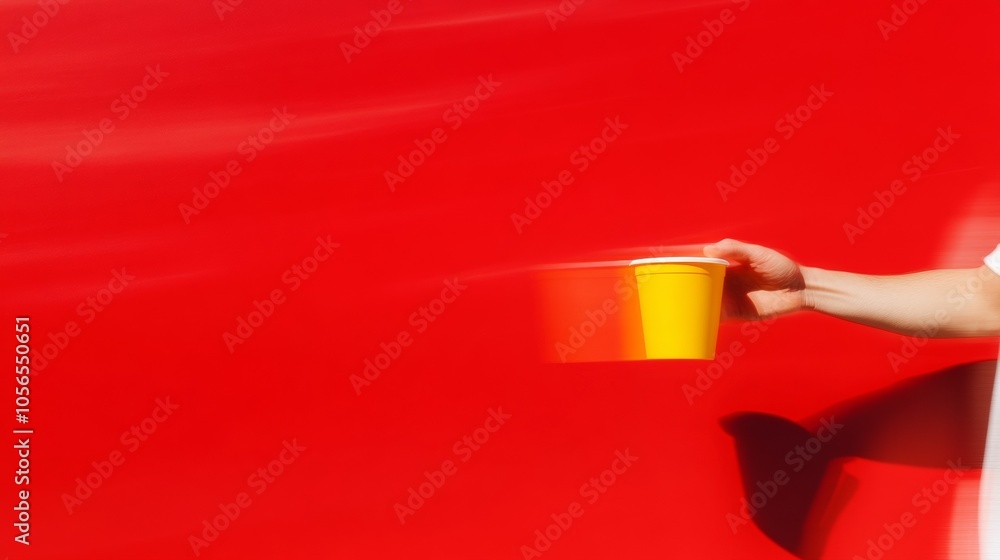 Poster dynamic motion of person with yellow cup in vibrant red studio setting