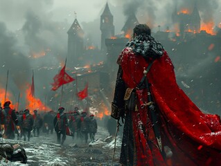 Fototapeta premium Medieval Warfare: A Soldier's Back Amidst Burning City