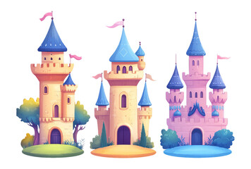 Colorful Fantasy Castles on Transparent Background