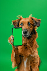  Adorable dog portrait holding a chroma key phone with green screen