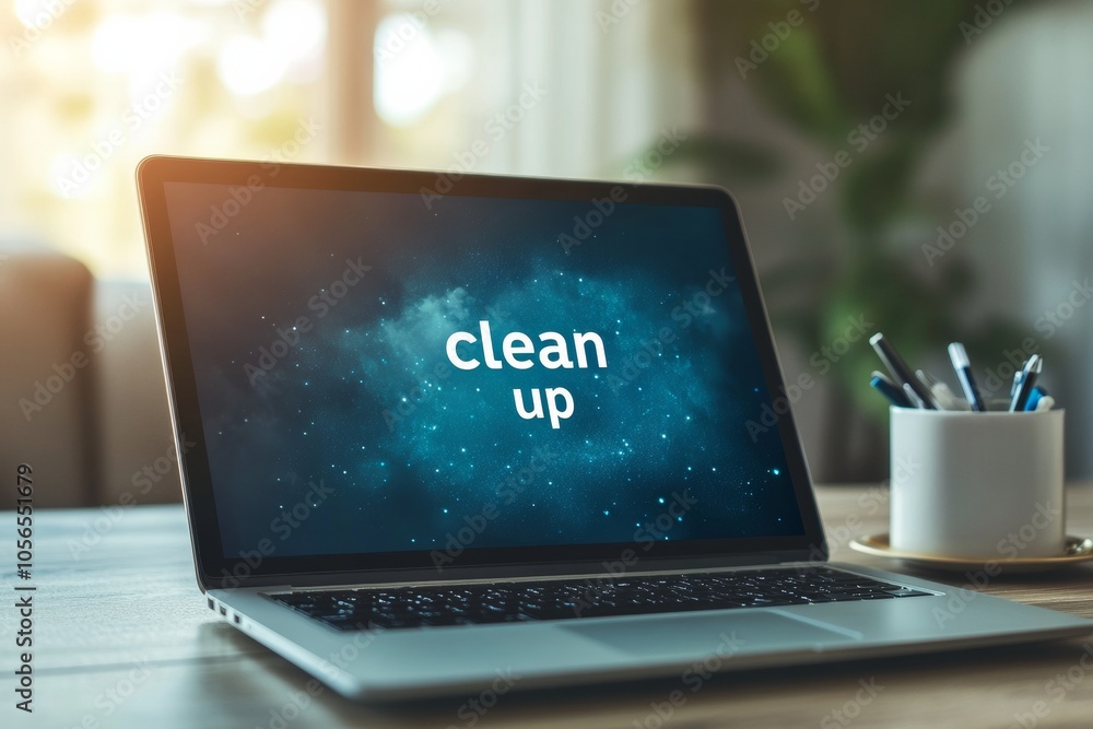 Poster minimalist laptop screen displaying digital clean up interface in softly lit home office