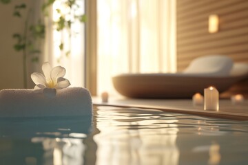 A white flower is on a towel in a bathtub. The room is dimly lit and has candles on the floor