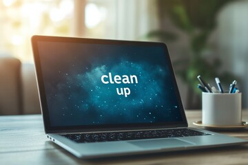 Minimalist Laptop Screen Displaying Digital Clean Up Interface in Softly Lit Home Office