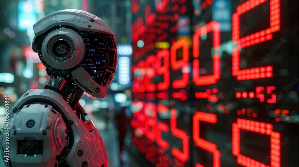 Poster a robot is standing in front of the stock trading board, displaying real-time global financial data 