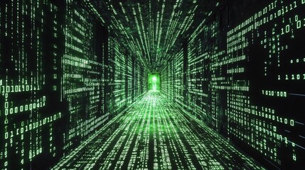 Streams of digital code or symbols in certain areas, reinforcing the technological theme.