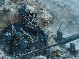 Fototapeta premium Grim Warriors in a Snowstorm: A Fantasy Painting