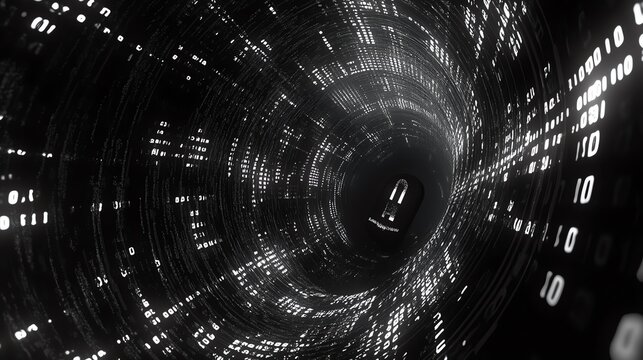 The lock is surrounded by binary code, with streams of ones and zeroes cascading around it.