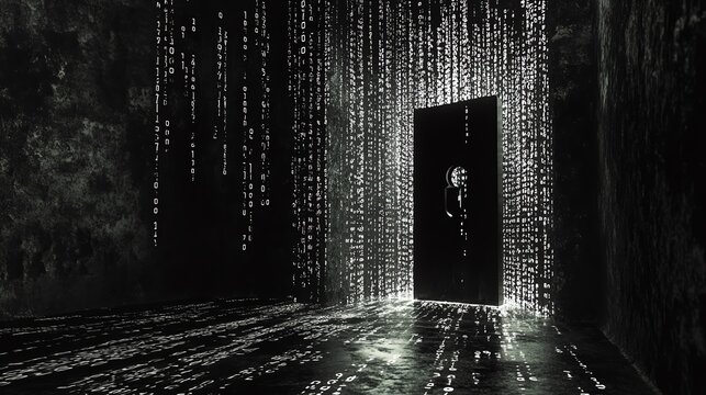 The lock is surrounded by binary code, with streams of ones and zeroes cascading around it.