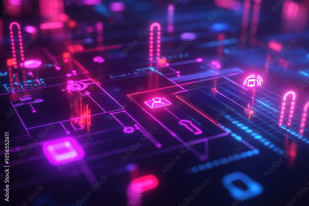 Poster abstract digital network with glowing icons and lines.