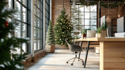Open office space decorated for Christmas holidays with trees and ornaments, creating warm and festive atmosphere at workplace	