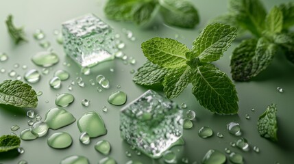 Mint ice cubes, mint leaves and water drops on light green background