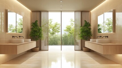 Fototapeta premium A large bathroom with two sinks and a large window. The bathroom is very clean and well-lit