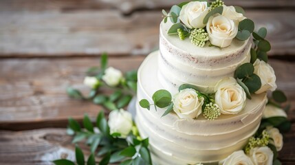 White wedding cake adorned with flowers and green leaves on wooden backdrop.