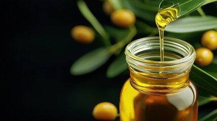 Pure jojoba oil with seeds, rich black background, close-up organic skincare, glossy textures