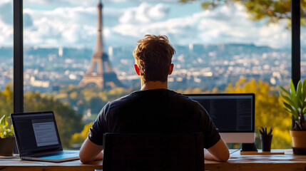 Man working on computer in home office with view of Eiffel Tower and Paris skyline