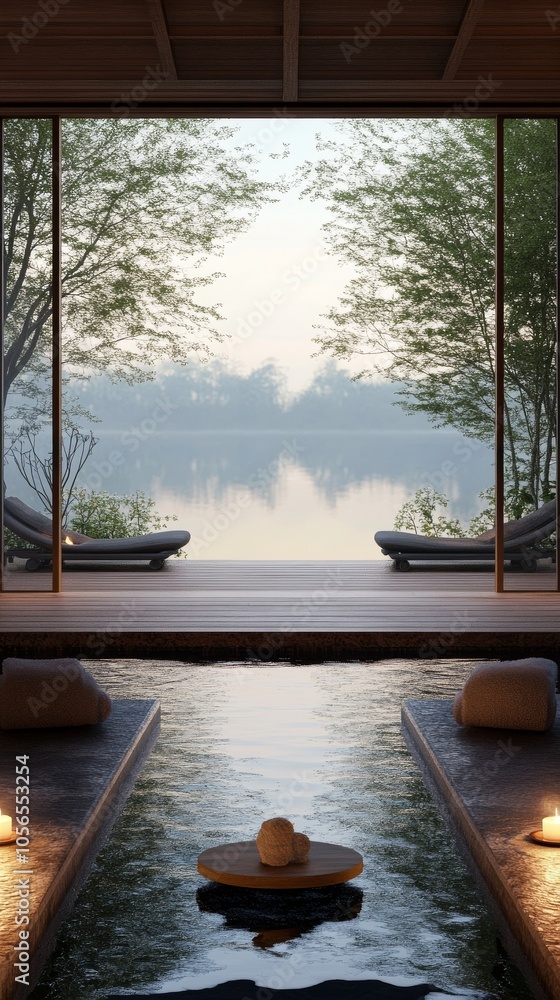 Poster tranquil spa environment arranged in a symmetrical layout.