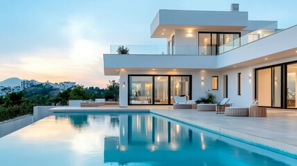 Fototapeta premium Modern and minimalist house with garden swimming pool