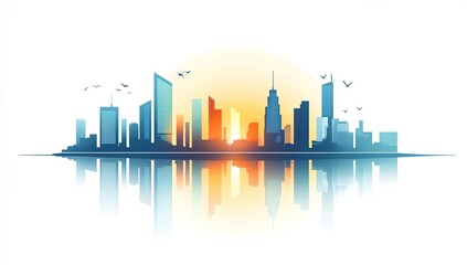 Obraz premium A stylized cityscape silhouette with a sunrise behind it. The skyline is reflected in a body of water.