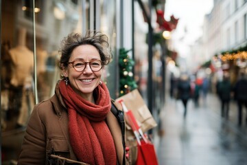 Happy smiling middle aged woman in winter clothes at street Christmas market in Paris	
