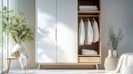 Fototapeta premium White wooden scandinavian style interior design of modern bedroom