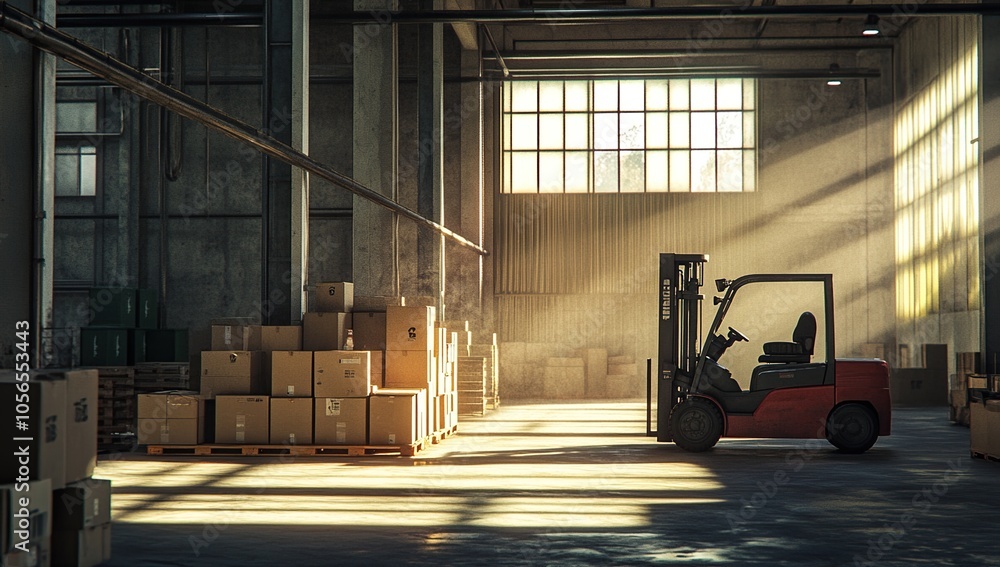 Poster a red forklift drives through a large warehouse with cardboard boxes stacked in the background. the 