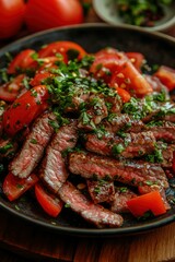 Sliced Steak with Tomatoes and Parsley on a Black Plate
