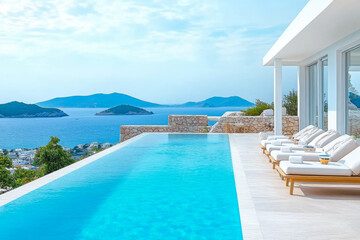 Fototapeta premium Terrace in villa with swimming pool clear blue water with stunning sea view and sky