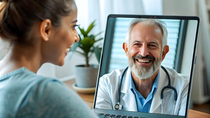 Obraz premium Patient Doctor Smiling Telemedicine Video Call Human Connection Empathy Remote Healthcare Photo Stock Concept with Copy Space for Text Branding Interaction Warmth Laptop