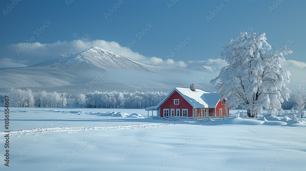 Poster snowy red cabin with frosted trees and mountain in the distance..