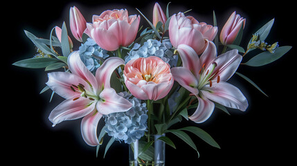 Graceful Bouquet of Pink Lilies, Tulips, and Blue Hydrangeas..