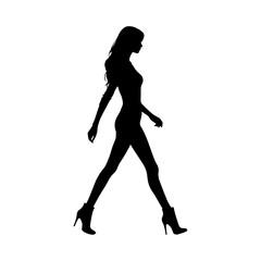 Vector illustration. Silhouette of a girl on a white background. On heels goes sideways.