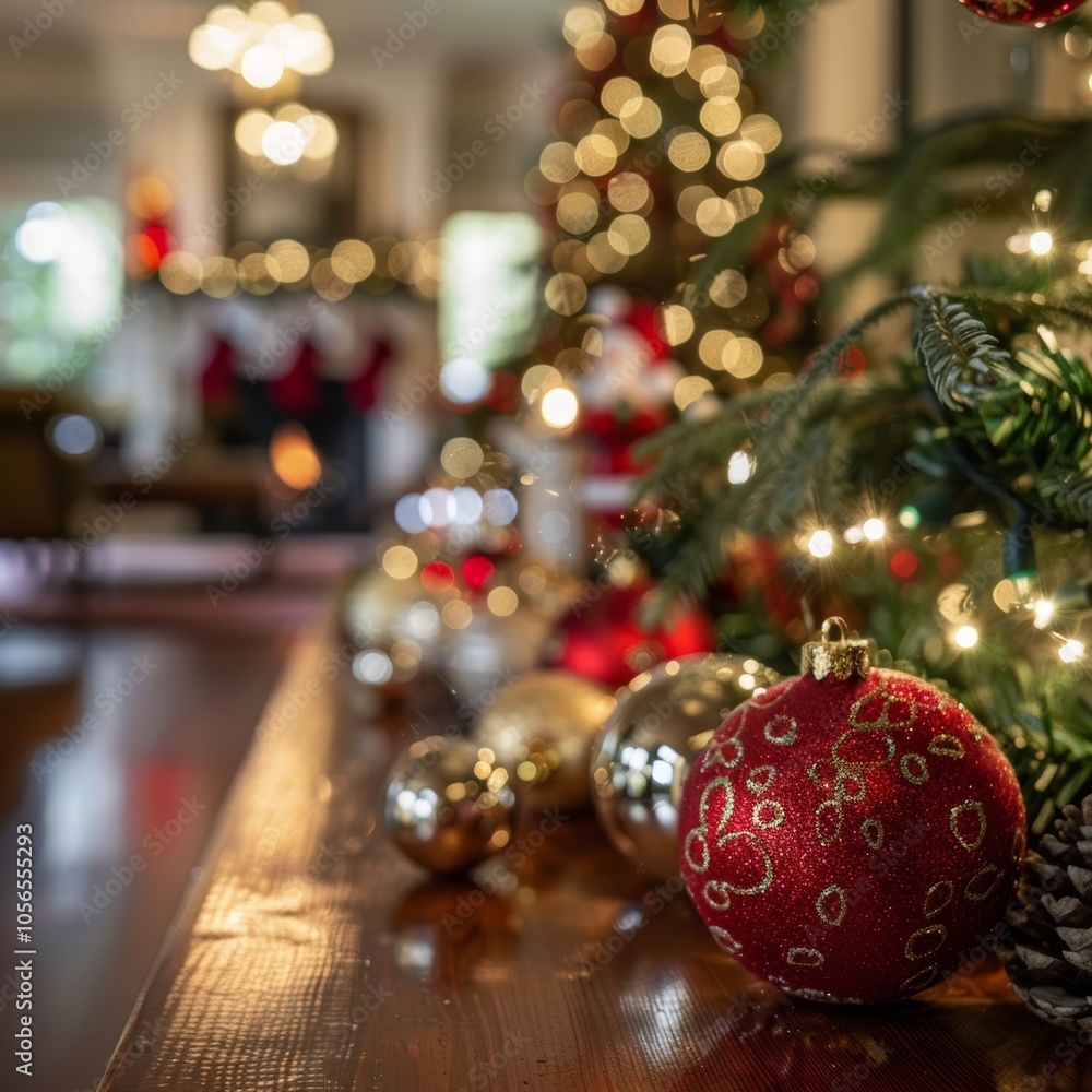 Poster a table with a red ball and many other balls on it. the table is in a room with a christmas tree