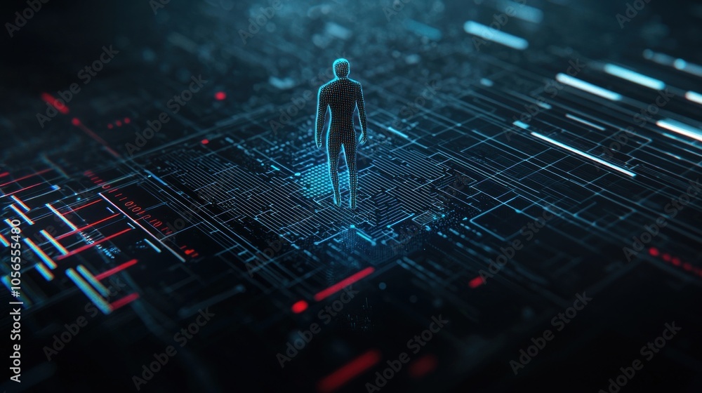 Aufkleber exploring the realm of ai a professional spy standing on a high-tech cyber headquarters amidst digit