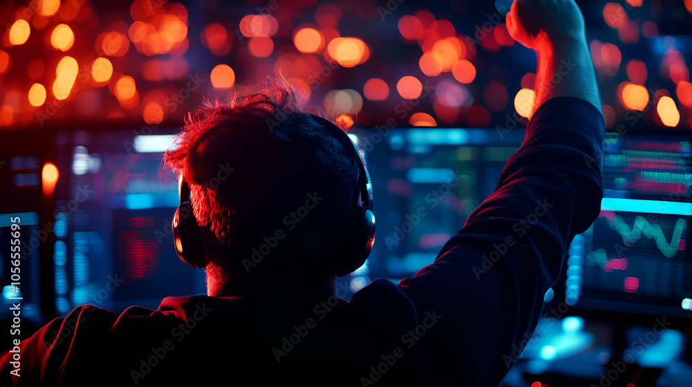 Poster person celebrating success in front of multiple illuminated computer screens.