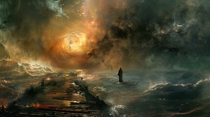 Obraz premium A Lonely Figure Walks Towards the Stormy Horizon - Digital Art