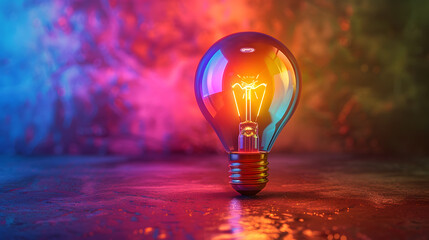 colorful glowing idea bulb lamp, visualization of brainstorming, bright idea and creative thinking