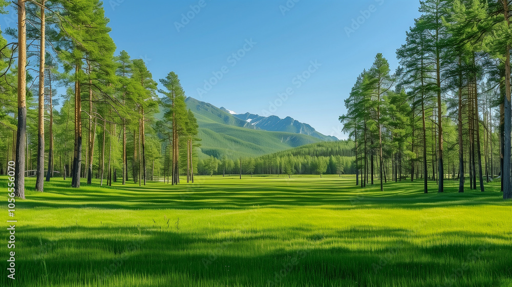 Poster Sunlit Pine Forest with Mountain Views and Green Meadows..