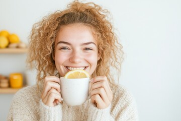 Morning Wellness Young Woman Enjoying Lemon Tea in Bright Minimalist Kitchen - Perfect for New Years and Easter Celebrations