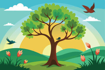 tree with birds in morning