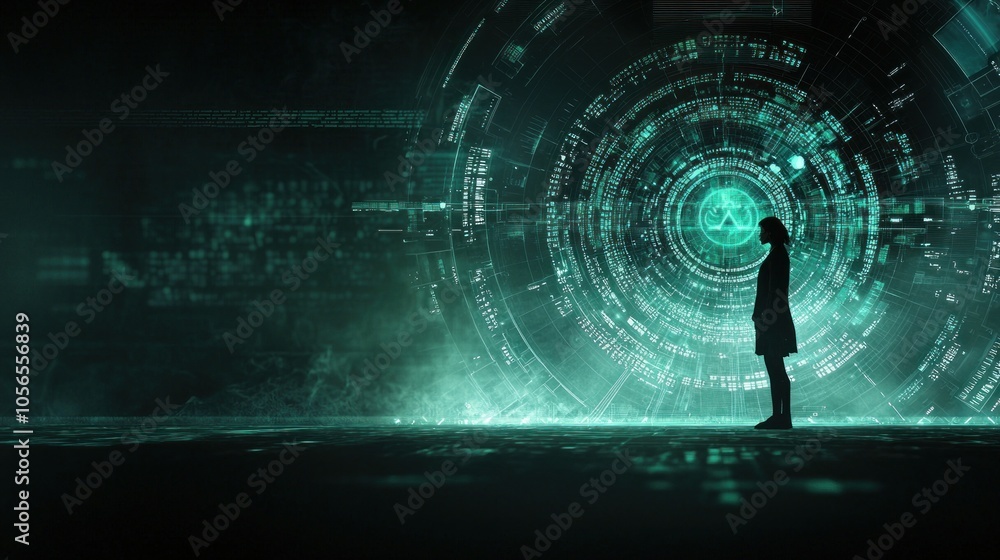 Poster innovative programmer standing alone in a futuristic digital landscape representing the intersection