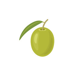 Green olive with leaf isolated on white. Vector icon. Cartoon flat illustration.