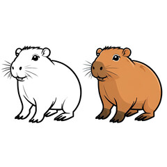 Fototapeta premium Two-Panel Cartoon Capybara Image: Black and White Outline for Coloring and Full Color Reference for Children – Cute, Adorable Capybara Illustration with Friendly Expression in Minimalist Vector Style,